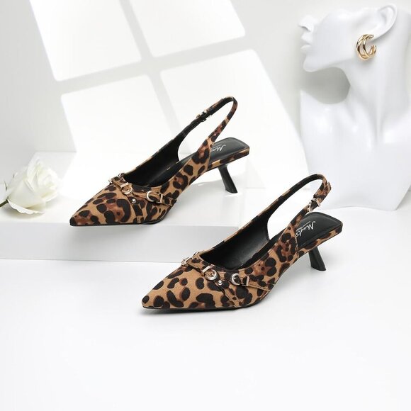 Women's Leopard 2 Pointed Toe Pumps Patent Leather Slingback Heels With Buckle - Picture 8 of 9
